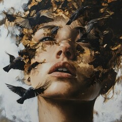 Poster - A Woman's Face Surrounded by Birds and Golden Abstract Shapes