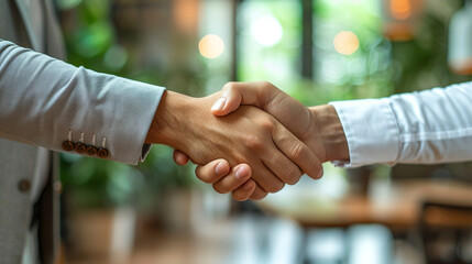 Two businessmen shaking hands after reaching an agreement during a successful business meeting