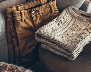 Casual business outfit featuring a light sweater and chinos, displayed in a stylish arrangement on a modern, neutral surface.