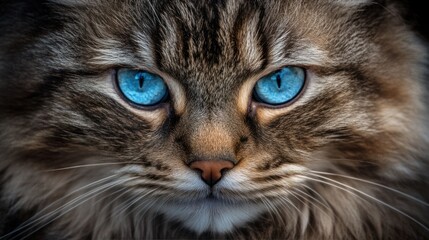 Wall Mural - Cat portrait, a fluffy cat with big blue eyes staring directly at the camera, soft lighting enhancing fur texture