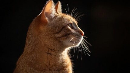 Cat portrait, side profile of a cat looking off into the distance, fur catching the light beautifully, calm and contemplative expression