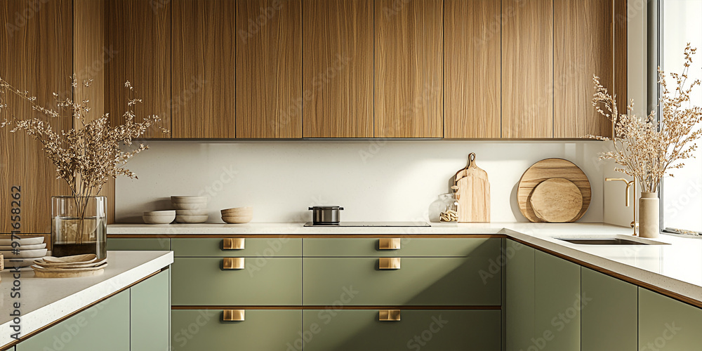 An open, wide-angle view of a modern and minimalist kitchen design with ...