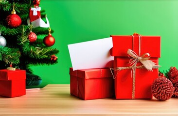 Wall Mural - Christmas tree with gifts on a wooden table against a green wall.