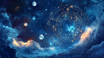 Wall Mural - a stunning cosmic landscape featuring galaxies, planets, and celestial symbols under a starry sky at