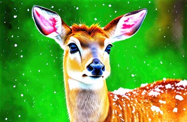 Wall Mural - Illustration of a deer in the snow on a green background.