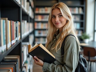 woman reading book in library