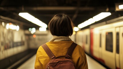 A woman in a yellow coat stands at the train station alone, awaiting her journey.