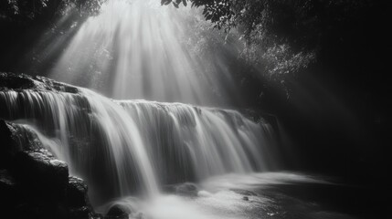 Canvas Print - Sunbeams Illuminating a Waterfall in a Forest