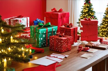 Wall Mural - A table with many wrapped Christmas gifts and a Christmas tree decorated for Christmas.