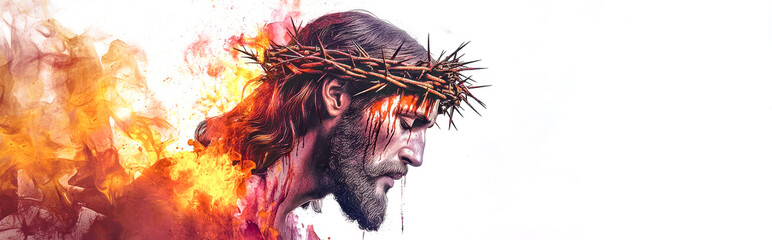 This stunning artwork portrays Jesus adorned with a crown of thorns, enveloped in flames, representing intensity and divine presence in a unique artistic expression