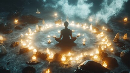 Canvas Print - A serene meditation session in a candle-lit circle with crystals surrounded by soft mist at night