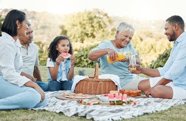 Outdoor, grandparents and parents with kid for picnic, connection and bonding together as family in park. Senior people, mother and father with girl for relax, juice and eating food for nutrition