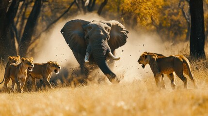 Poster - Elephant Charging at a Pride of Lions in a Savanna Landscape