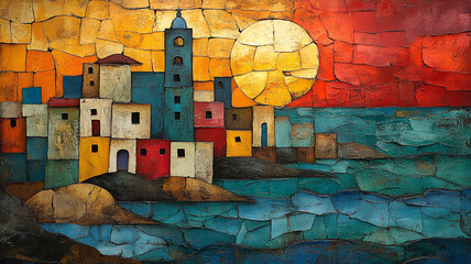 Abstract painting of a coastal city by the sea. Sunset.