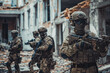 © MVProductions - Armed group of special forces against the background of a destroyed building. The concept of game simulators. SWAT group. Antiterrorism.
