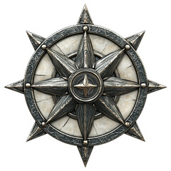 Antique bronze compass rose on transparent background, vintage nautical symbol with a weathered look.

