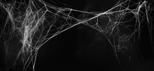 black background with white spider webs, hanging from the left and right sides of the screen the web