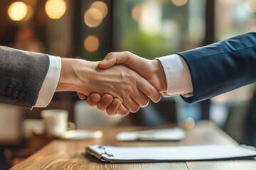 Two business professionals shaking hands in modern office setting, symbolizing partnership and collaboration. warm atmosphere enhances positive emotional connection