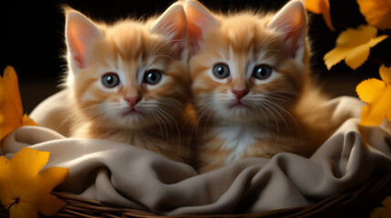 Cute Two Ginger Kittens on Blanket in Basket with Yellow Autumn Leaves on Dark Background