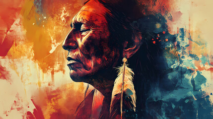 Wall Mural - Sioux portrait, acrylic painting. generative ai. Native American. Illustration