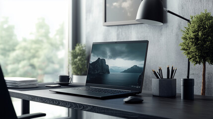 View of modern office desk with laptop, coffee and decorative plants