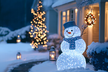 The house and garden are transformed into a magical christmas winter wonderland with snow-covered trees, frosted garlands, and sparkling snowflake lights