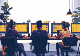 Web Development Team Collaboration in Modern Office with Coding Screens, Daytime Programming, Teamwork Illustration