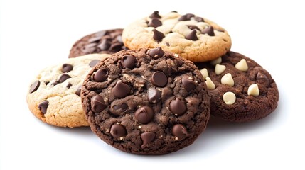 Delicious cookies with chocolate chips on white background. AI generation