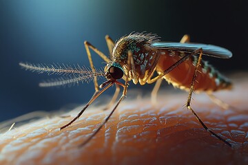 A close-up of a mosquito on human skin.