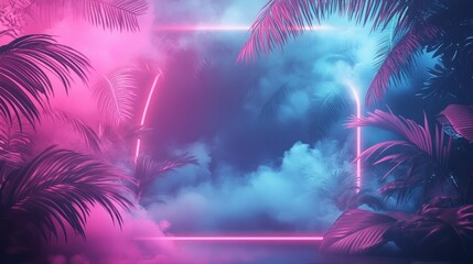 Sticker - Neon Glow Illuminates Palm Leaves in a Tropical Setting