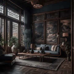 Wall Mural - A modern living room with traditional Chinese influences featuring a blue sofa, wooden coffee table, and a rug.