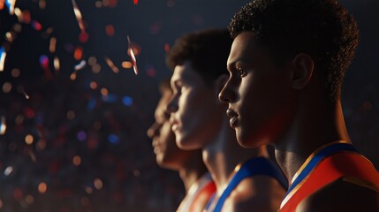 
Focused male athletes standing in line during a medal ceremony with confetti falling in the background