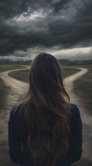 Wall Mural - A woman stands at the crossroads, looking back with long hair and wearing a black dress