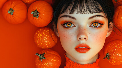 A young woman on a background of pumpkins.