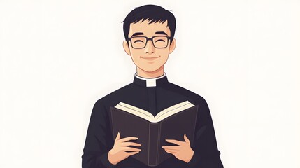 Wall Mural - A young priest, wearing glasses and a black shirt with a white collar, holds an open Bible in both hands