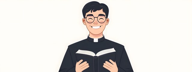 Wall Mural - A young priest, wearing glasses and a black shirt with a white collar, holds an open Bible in both hands