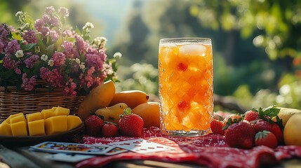 Wall Mural - A refreshing glass of iced tea with mango, strawberries, and playing cards on a wooden table, surrounded by a lush green garden.