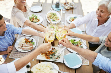 Poster - Wine, cheers and lunch with family in garden for Thanksgiving celebration, festive holiday and brunch. Support, love and party with above of people and toast for nutrition, grateful and tradition