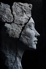 Canvas Print - A stone sculpture of a woman's face, cracked and broken, symbolizing fragility and resilience.