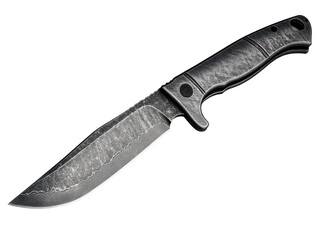 Forged black knife with textured handle on transparent background.