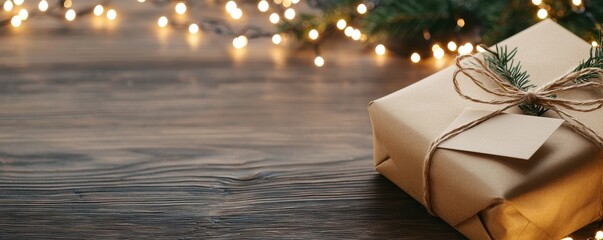 A beautifully wrapped gift box on a wooden table with sparkling lights, perfect for holiday celebrations and festive occasions.