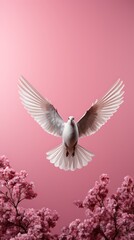 Poster - White dove in flight with pink blossoms.