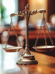 A classic brass balance scale symbolizing justice and law, beautifully detailed against a blurred courtroom background.