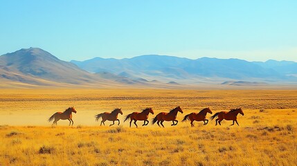 A group of wild horses galloping across a vast desert under a clear blue sky 