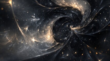 abstract swirl of black, white and gold with stars.