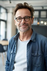 Wall Mural - Handsome businessman with glasses, casually dressed, smiling at the camera in a contemporary office environment 