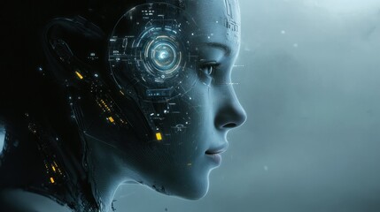 Poster - A futuristic cyborg head with digital interface overlayed on the skin.