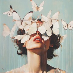 Wall Mural - A Woman's Face Covered in White Butterflies