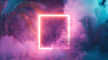 Sticker - Glowing Neon Square Frame in a Smoky Tropical Setting