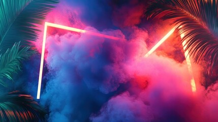 Poster - Neon Lights and Smoke with Palm Leaves